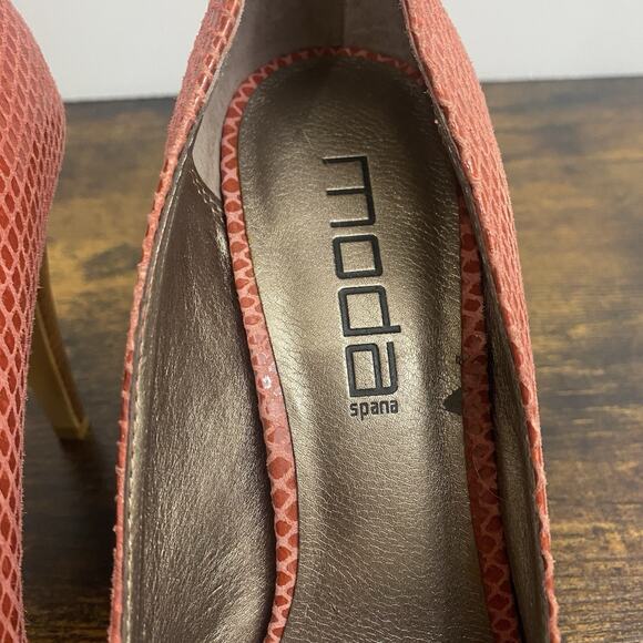 Moda Spana Peep Toe Heels Sz 7.5M Red Reptile Bow Cork Pinup‎ - Picture 8 of 9